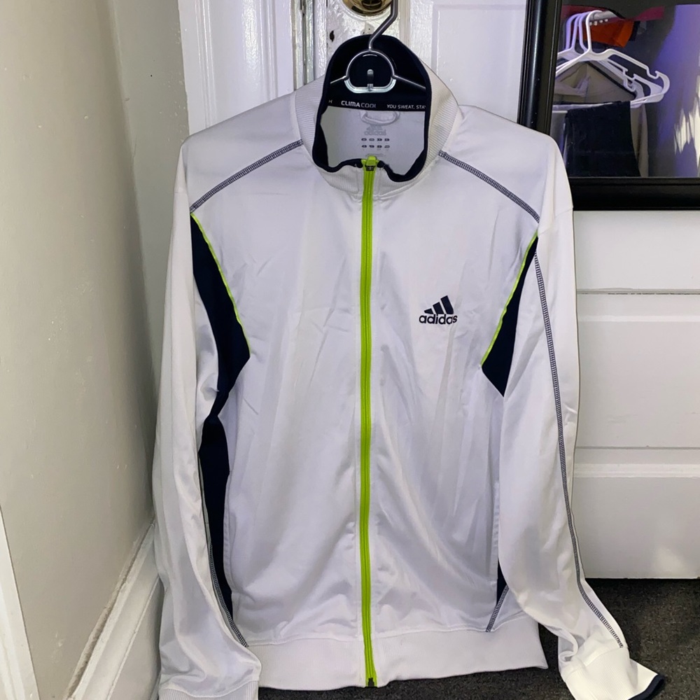 Adidas ClimaLite Zip-Up Polyester Jacket - White/Navy/Neon Green